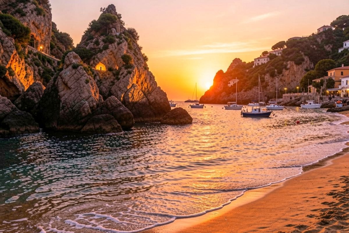 Scatto di una spiaggia dorata di Maratea all’ora del tramonto, con scogli e barche, atmosfera rilassata