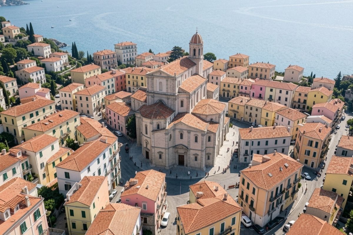 Scatto panoramico del centro storico di Maratea visto dall’alto, con case color pastello, chiese e il mare sullo sfondo
